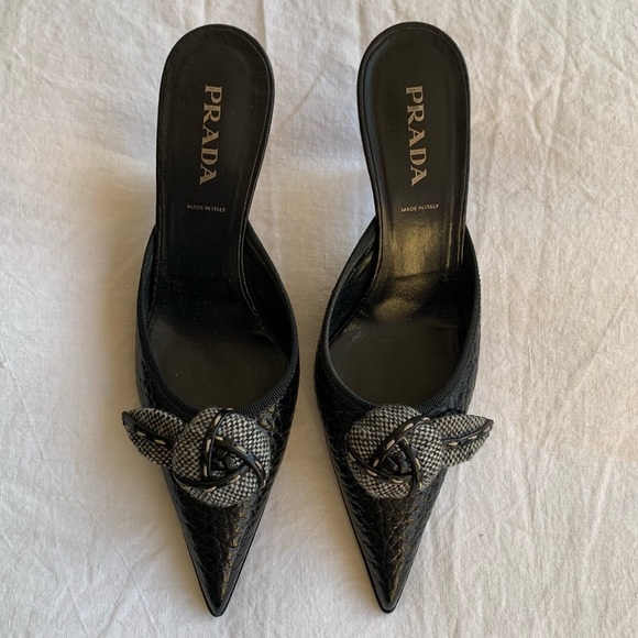 Prada Shoes - Vintage Prada Tweed Rosette Flower Pebbled Leather Pointy Toe Mules Kitten Heels